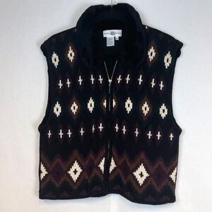 Rebecca Thomas Sweater Vest Women's Faux Fur Collar Black Argyle Full Zip XL